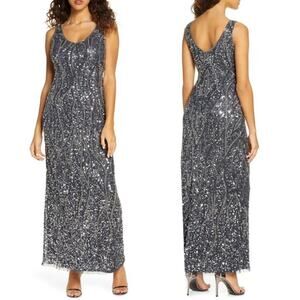 Pisarro Nights Dark Gray Beaded Sequin Long Gown